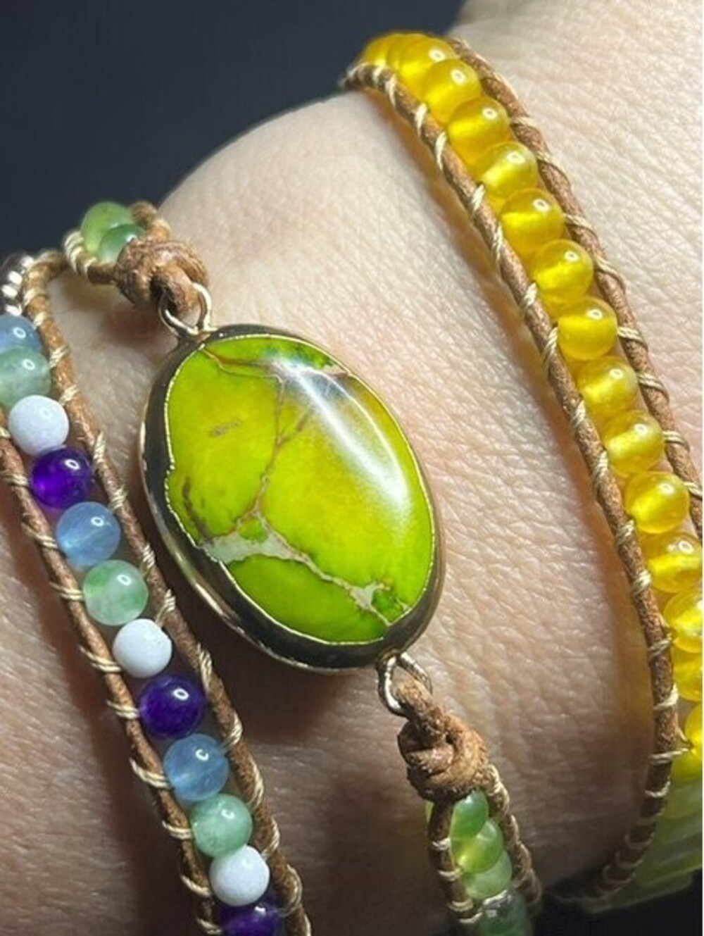B7001 Boho Multi-Wrap Beaded Bracelet Lime Green Gaspeite Stone Tree Life 23-25"